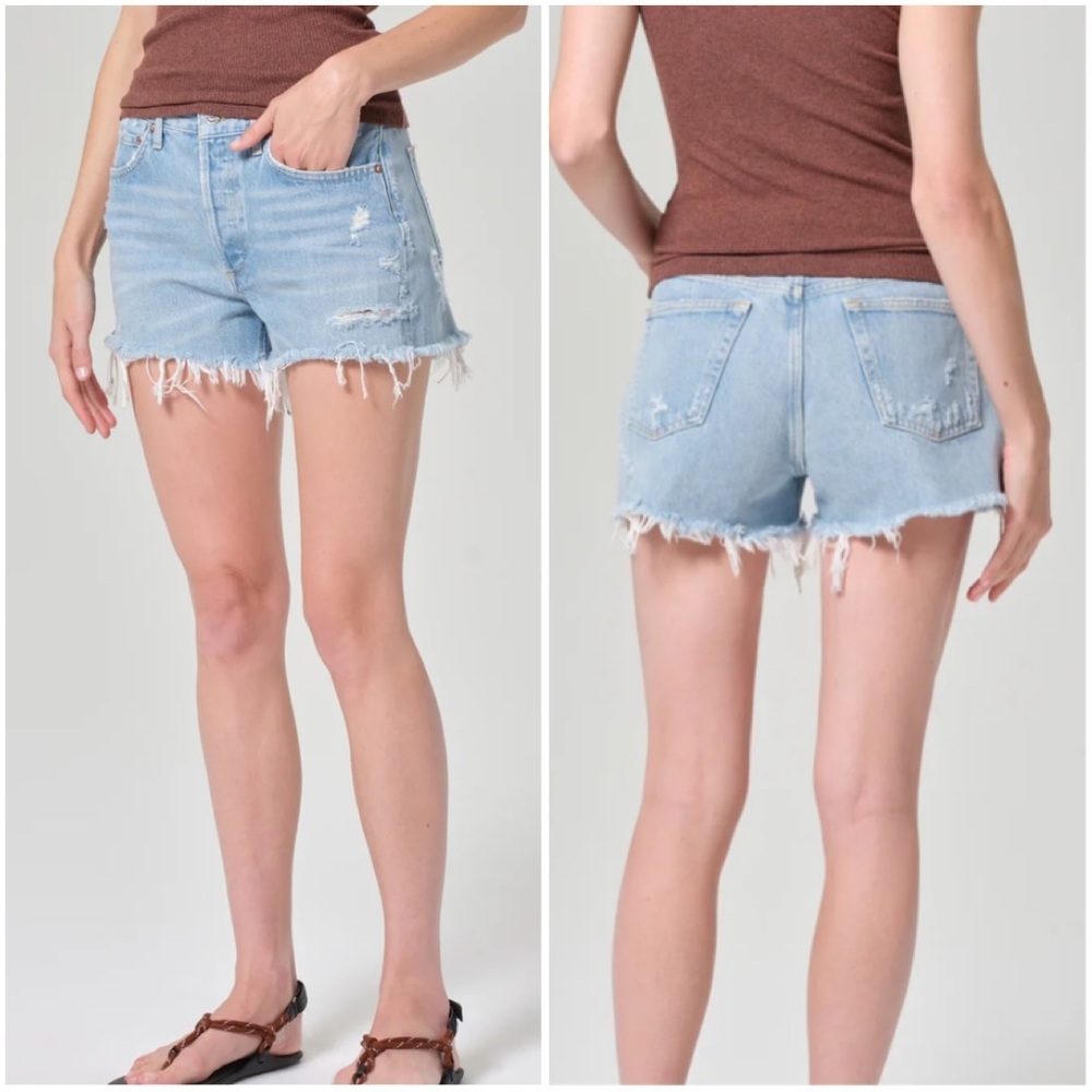 Agolde Light Blue Distressed Denim Jean Shorts